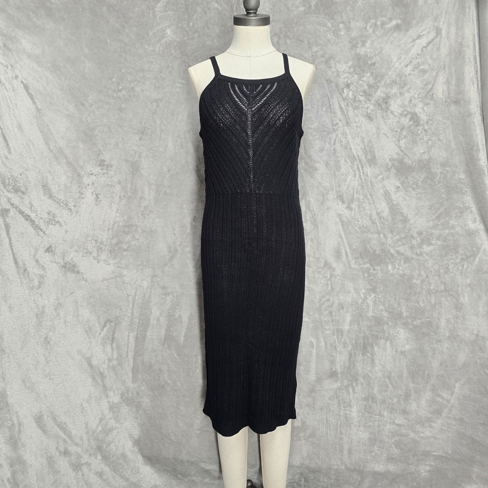 Old Navy Women Black Cotton Knit Midi Dress M Petite Festival Coastal Boho Apron